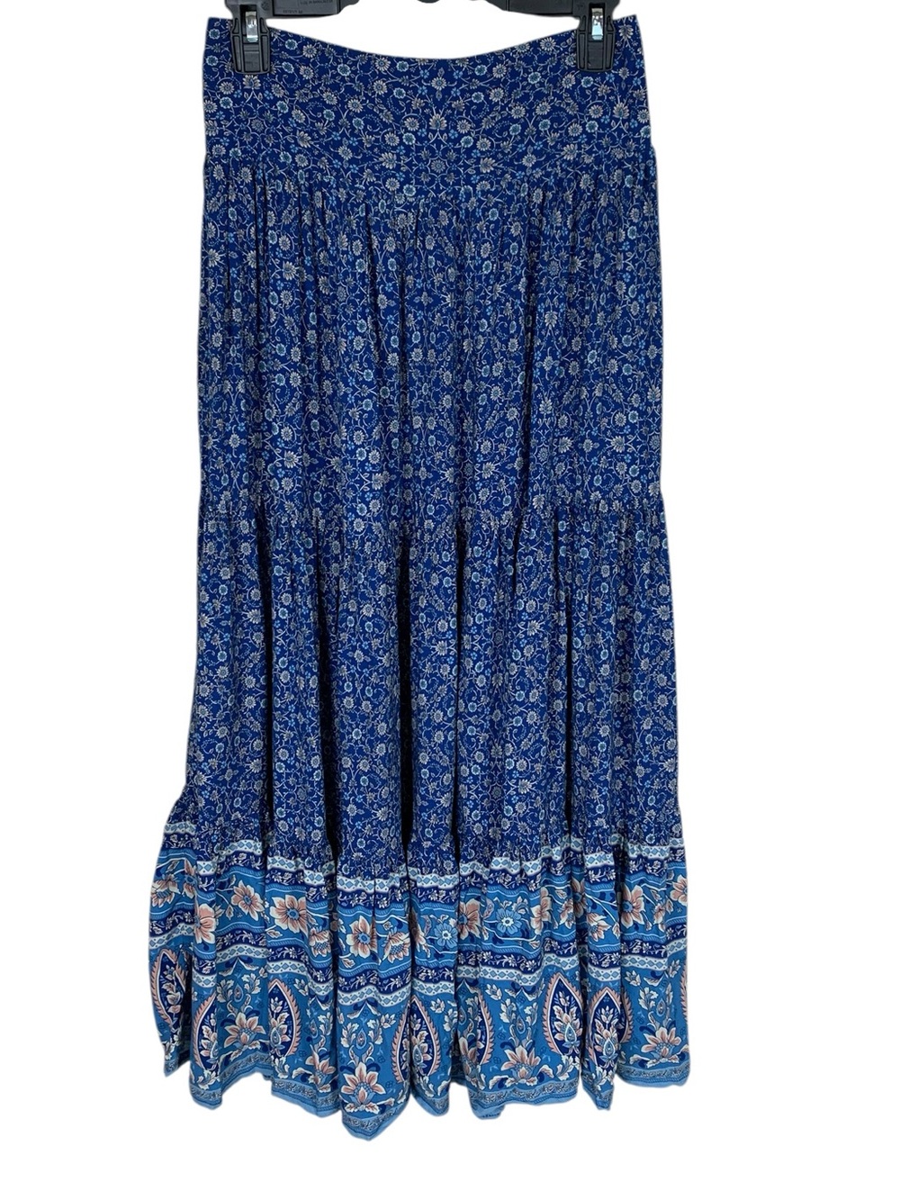 Women's Natural Life Blue Floral Tiered Pull-On Maxi Skirt Size M Boho Cottage